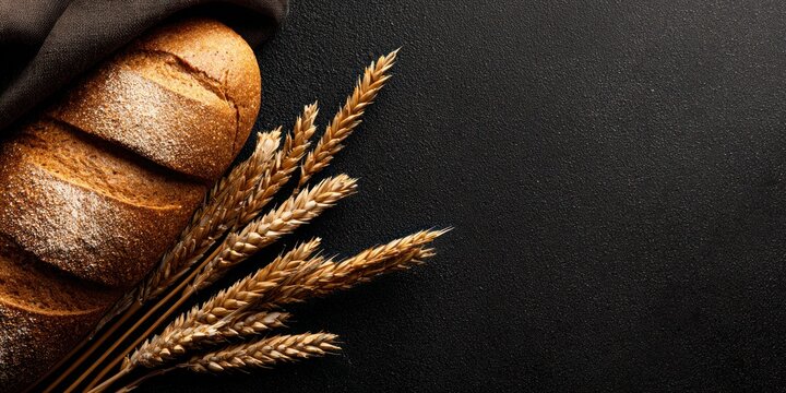 Freshly baked bread loaf with wheat stalks on black background copy space