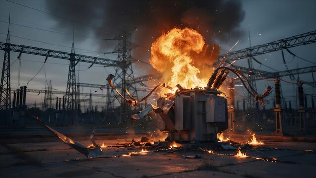 Exploding electrical transformer at a power substation