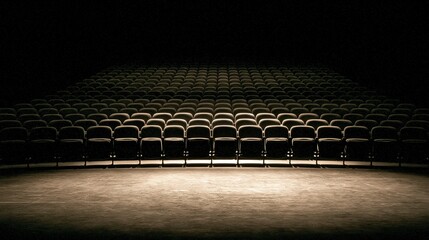Obraz premium Empty theater auditorium with rows of dark seats illuminated by a narrow soft warm beam of stage light from the front before a performance or movie starts