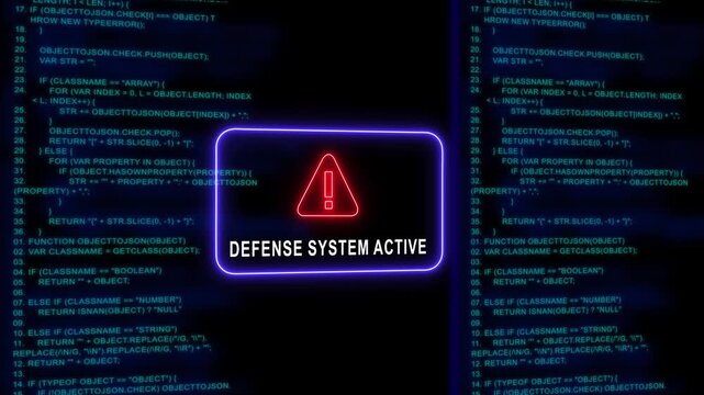 Defense system active warning alert on digital code background, cyber security breach protection interface, network firewall security system, hacking prevention concept