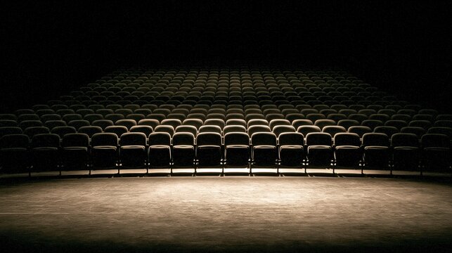Empty theater auditorium with rows of dark seats illuminated by a narrow soft warm beam of stage light from the front before a performance or movie starts