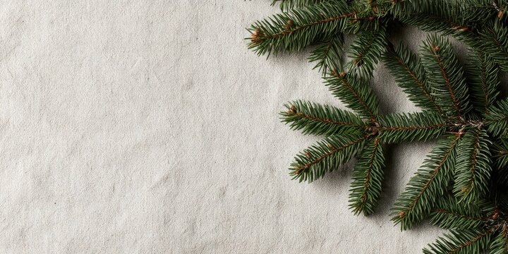 A festive evergreen branch with needles lies on a textured, light-colored surface
