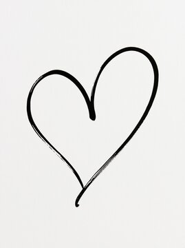 Simple hand drawn black brush stroke outline heart shape on plain textured white paper background represents love romance and Valentines day romantic concept