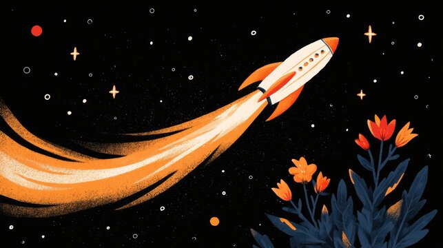 A retro rocket blasts off, leaving a fiery trail through a starlit sky