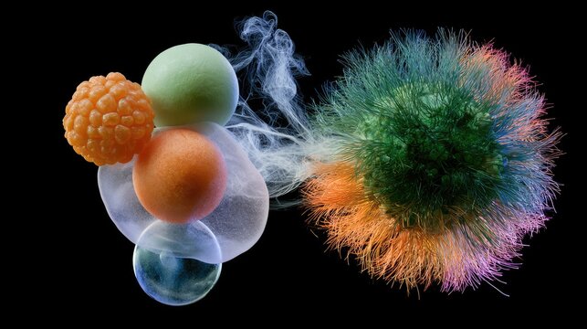 Abstract arrangement of colorful spheres and fibrous texture on black