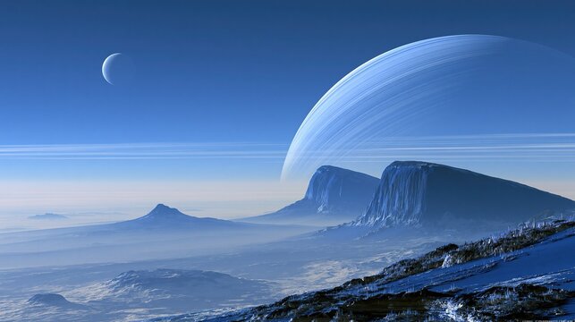 Fantasy extraterrestrial alien planet landscape with huge blue gas giant planet rising above misty rocky mountain ranges under clear bright blue sky