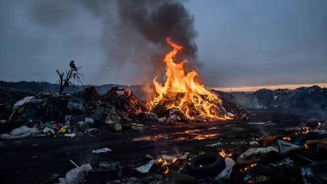 Garbage dump fire burning open trash pile and emitting dark smoke at dusk