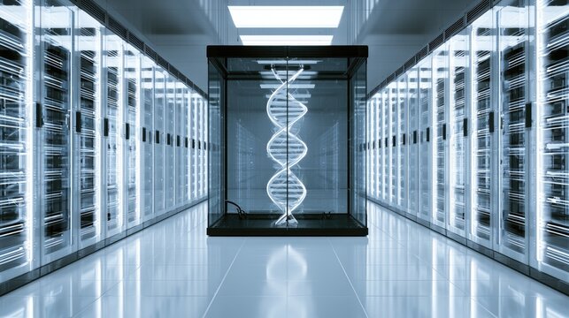 Futuristic laboratory with a glowing DNA helix in a glass case