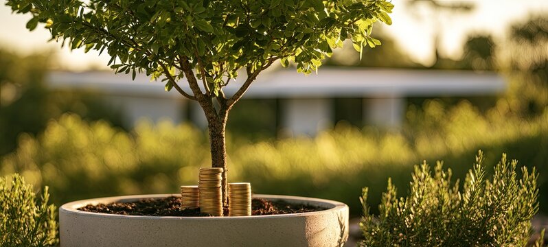 Golden coins sprout from a plant in a pot, symbolizing growth and prosperity