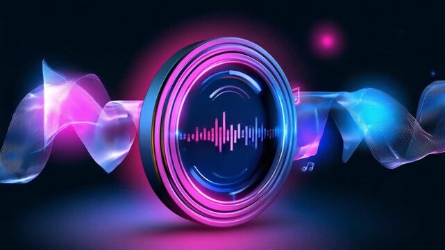 Modern music speaker with colorful sound waves and digital audio effects on dark background