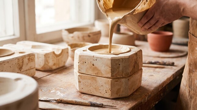 Liquid Clay Slip Pouring into Plaster Mold