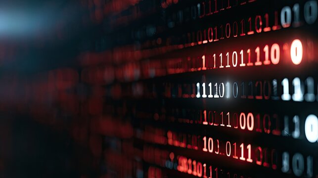 Abstract digital stream of glowing red and white binary code on dark background