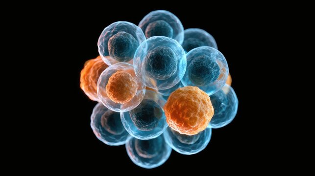 Cluster of translucent spheres, some glowing orange, against a black void