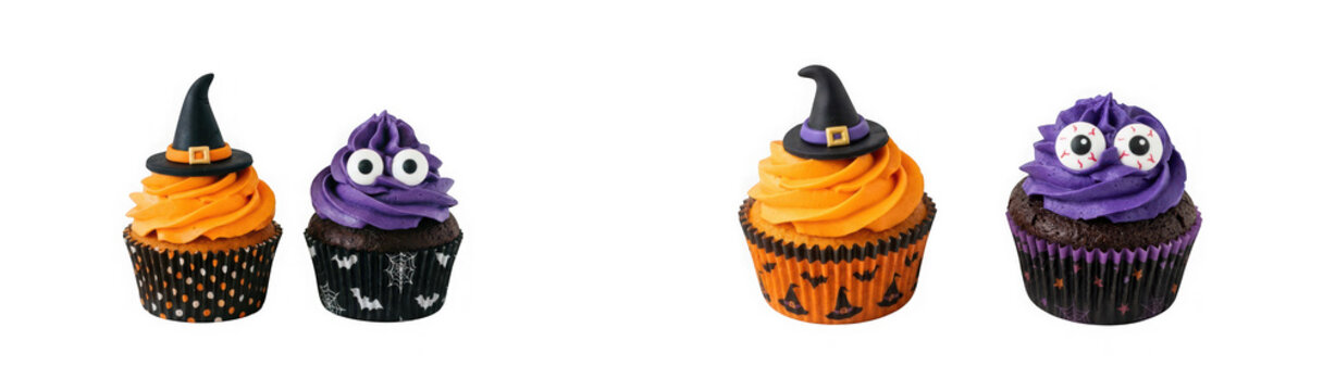 Halloween cupcakes with witch hats and googly eyes isolated on transparent background