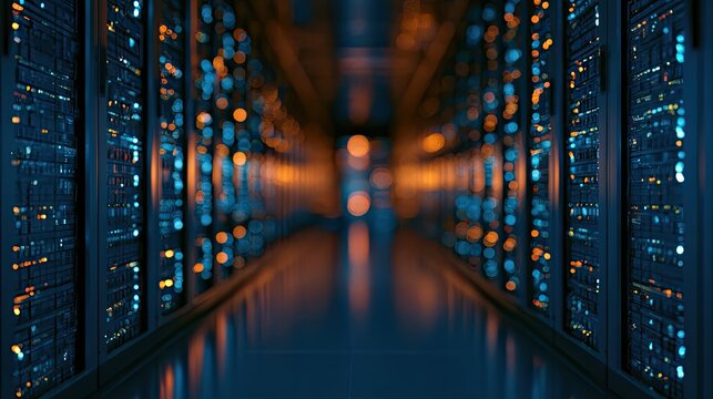 Rows of illuminated server racks receding into a dark, glowing hallway