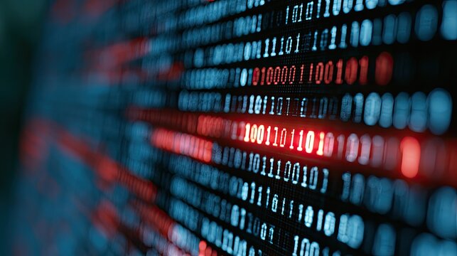 Digital stream of binary code, with some highlighted in red, on a dark background