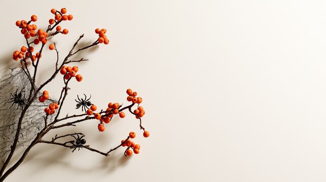 Spooky Halloween branch with tiny spiders and orange berries on a plain background
