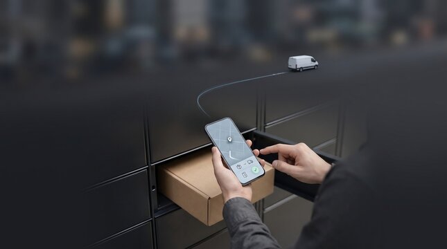 Person tracking delivery parcel status using mobile application at automated locker system urban logistics technology with package retrieval automated