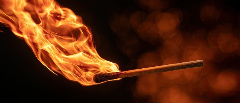 A lit match with intense flames burns against a dark, blurred background with bokeh