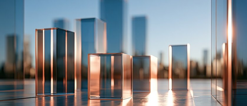 Abstract glassy rectangles reflect warm light against a hazy sky and cityscape