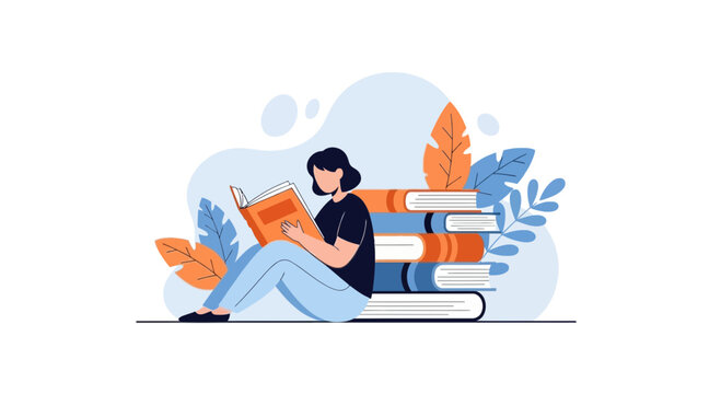 Woman reading book leaning against large stack of books.