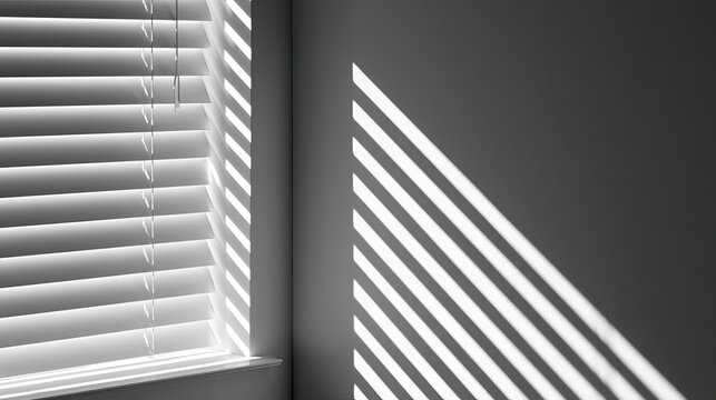 Sunlight streams through horizontal window blinds, casting striped shadows on a wall