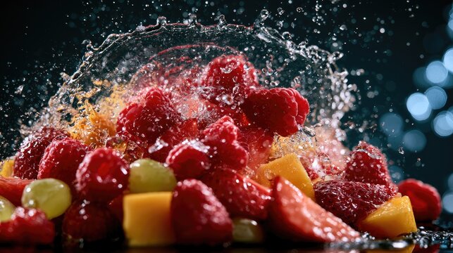 Ripe berries and fruit pieces explode in a splash of liquid
