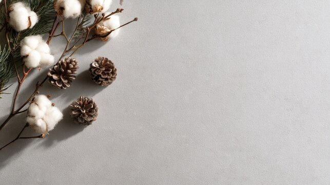 Winter-themed arrangement of cotton bolls and pinecones on a neutral background