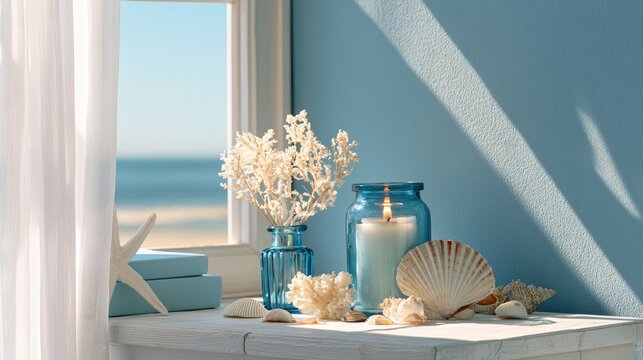 Peaceful beach scene with coastal decor and sunlit shadows