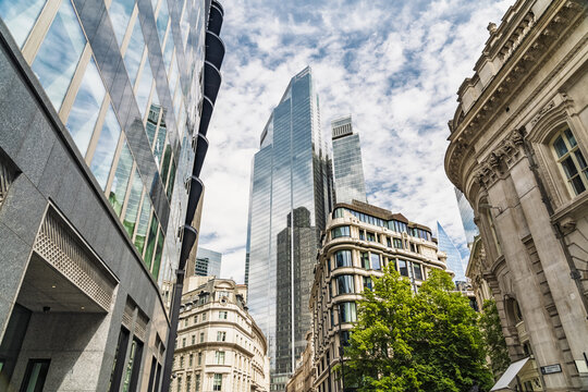 View of the Leadenhall Building surrounded by historic and modern architecture in the City of London, London, England, United Kingdom.