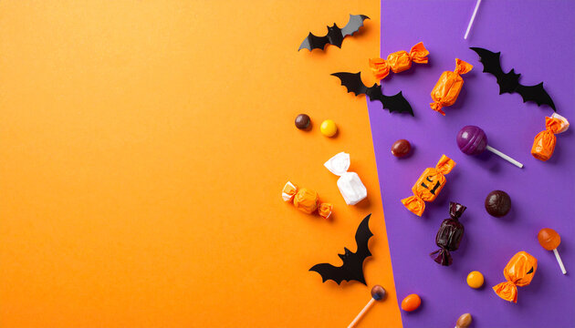 Vivid pop Halloween flat lay with candies and purple orange background - Wide left copy space