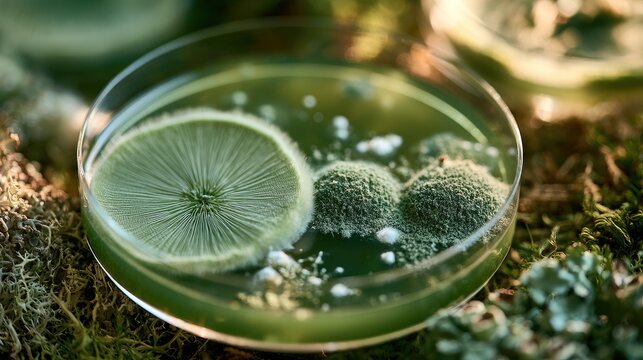 Close-up of green mold and fungi growing in petri dish, mossy background