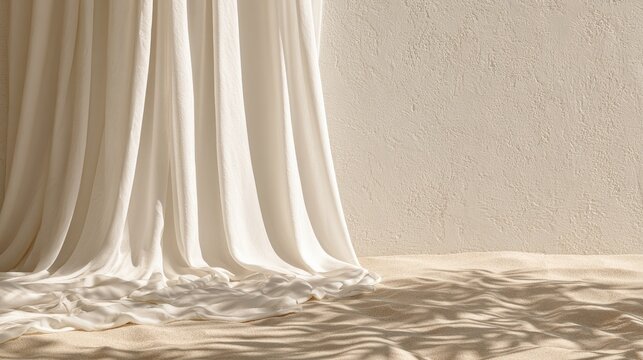 Soft, flowing fabric drapes over textured sand, casting dappled shadows