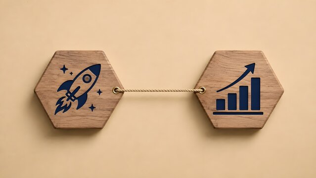 Corporate growth trajectory shown by connected wooden hexagonal blocks with rocket and rising chart icons