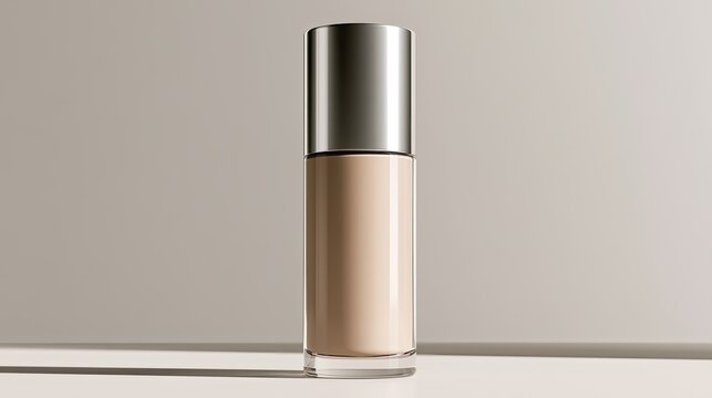 Elegant glass bottle with silver cap holds a light, neutral liquid cosmetic