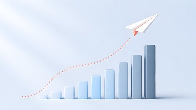 Agile startup success trajectory represented by rising bar graph transforming into upward flying paper airplane