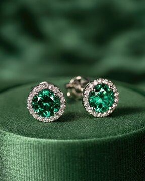 Elegant green gem and diamond halo stud earrings on velvet
