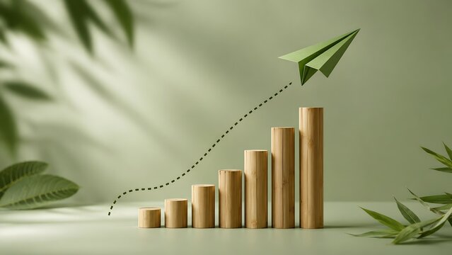 Sustainable business growth concept showing upward bamboo bar chart and green paper airplane in natural light
