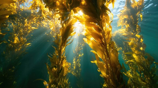 Golden sunlight streams through underwater kelp forest, illuminating marine life