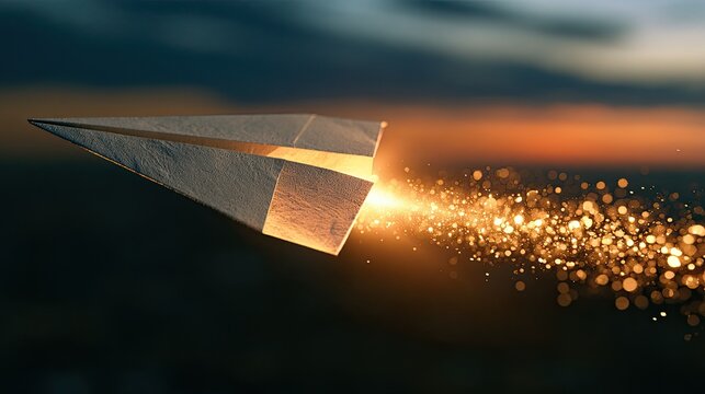 A paper airplane launches, leaving a trail of sparks against a dusky sky