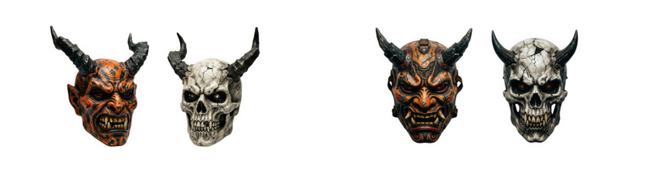 Set of four demonic skull and devil masks isolated on transparent background