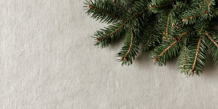 Close-up of lush green evergreen branches against a neutral textured background