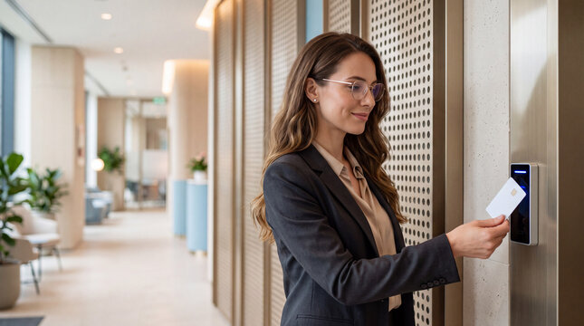 Businesswoman using access control smart card to unlock office door