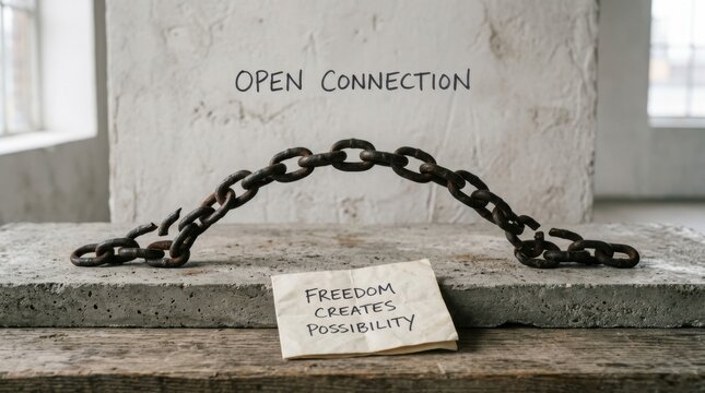 Powerful image of a broken metal chain resting on concrete with an inspirational note about freedom and possibility against a wall stating open connection representing liberty and breaking limits. .