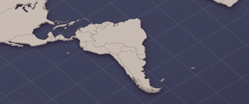 South America Region Map 3D Cinematic Close Up Illustration in Navy Blue with Grid Lines. Artistic representation, not intended for precise geographic reference.