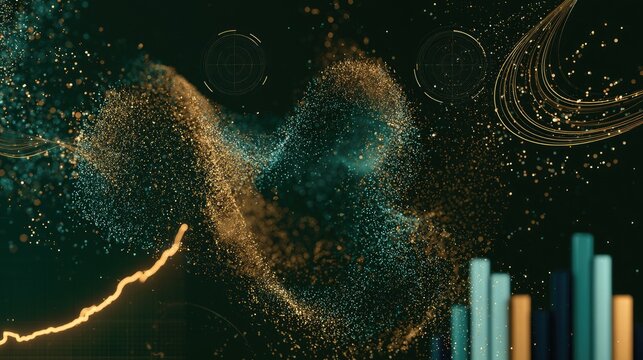 Digital abstract flow of golden and blue particles with data visualization elements