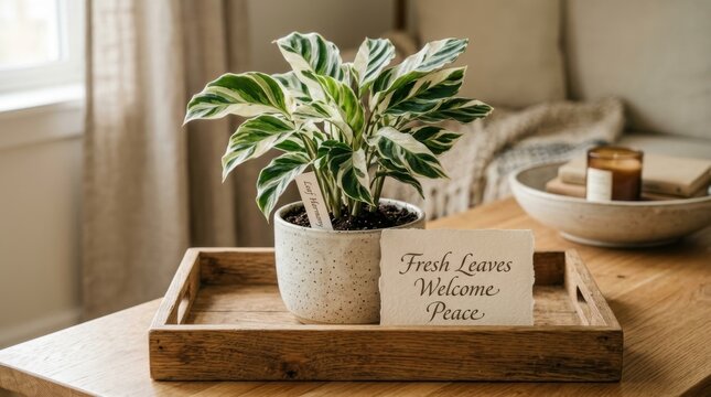 Lush variegated Calathea plant in a speckled ceramic pot on a wooden tray with a handwritten card stating Fresh Leaves Welcome Peace within a cozy living room setting to promote a mindful