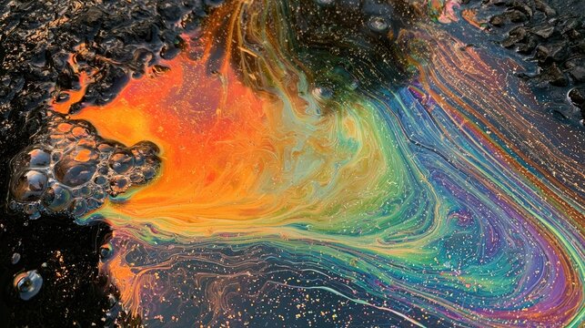 Iridescent oil slick on dark asphalt with bubbles and colorful swirling patterns