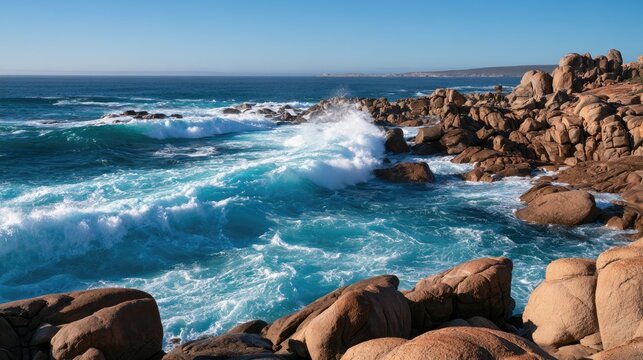 Vibrant ocean waves crash against a rugged, sunlit rocky coastline