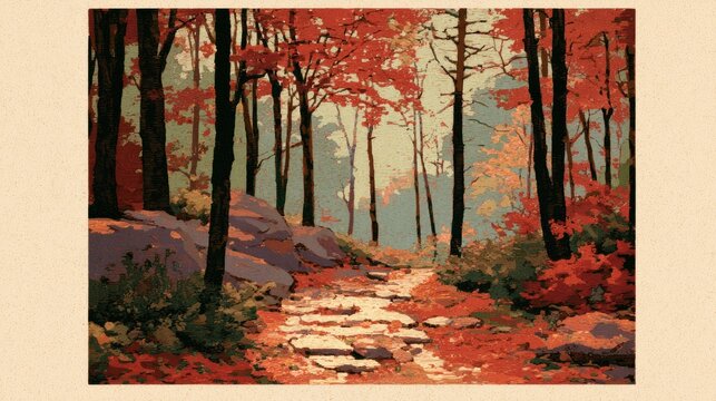 A forest path leads through trees with vibrant fall colors in a retro national park design. The scene is calm and inviting for nature lovers.